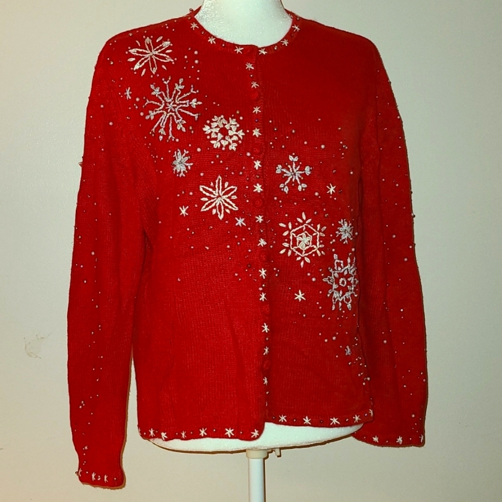 Ugly Christmas Sweater - Snowflakes - Red - Petite Medium